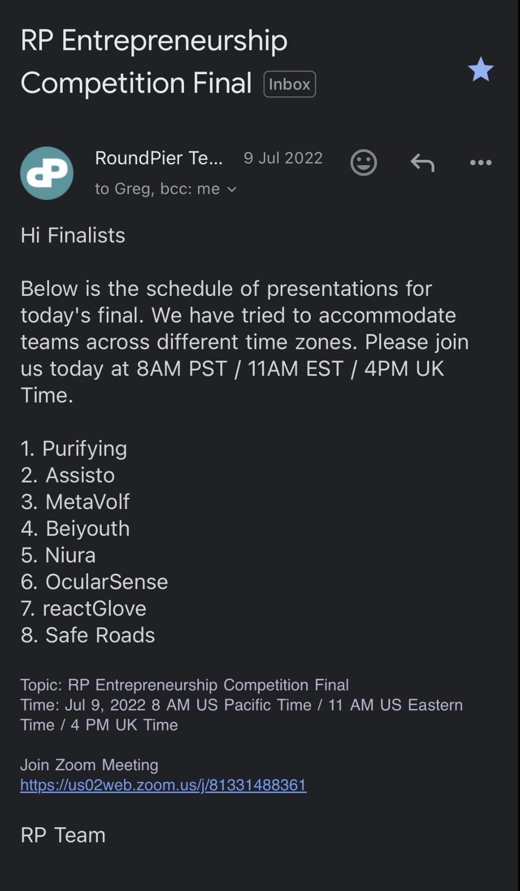 RoundPier Global Entrepreneurship Competition - Finalist